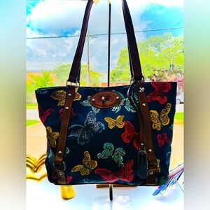 Franco Sarto Navy Tote with Multicolor Butterfly Print and Brown Trim